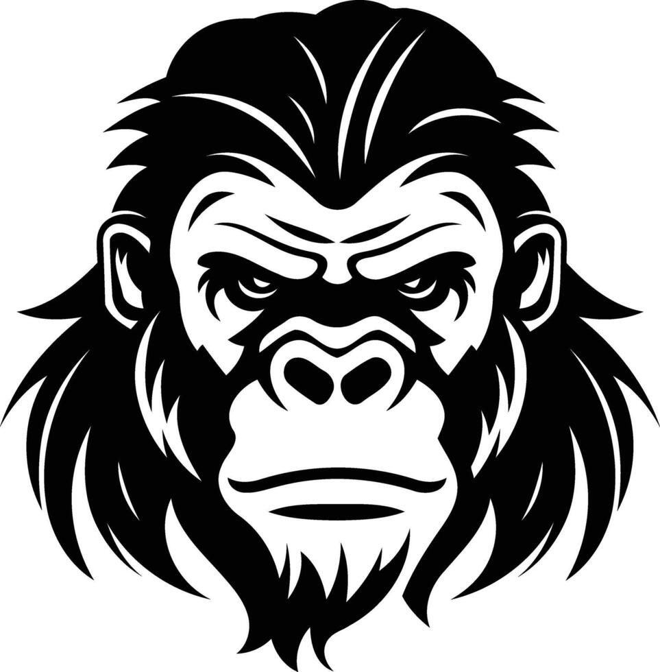 Powerful black and white illustration of a gorilla's face, perfect for t shirt designs, logos, or any project needing a bold, animalistic aesthetic vector
