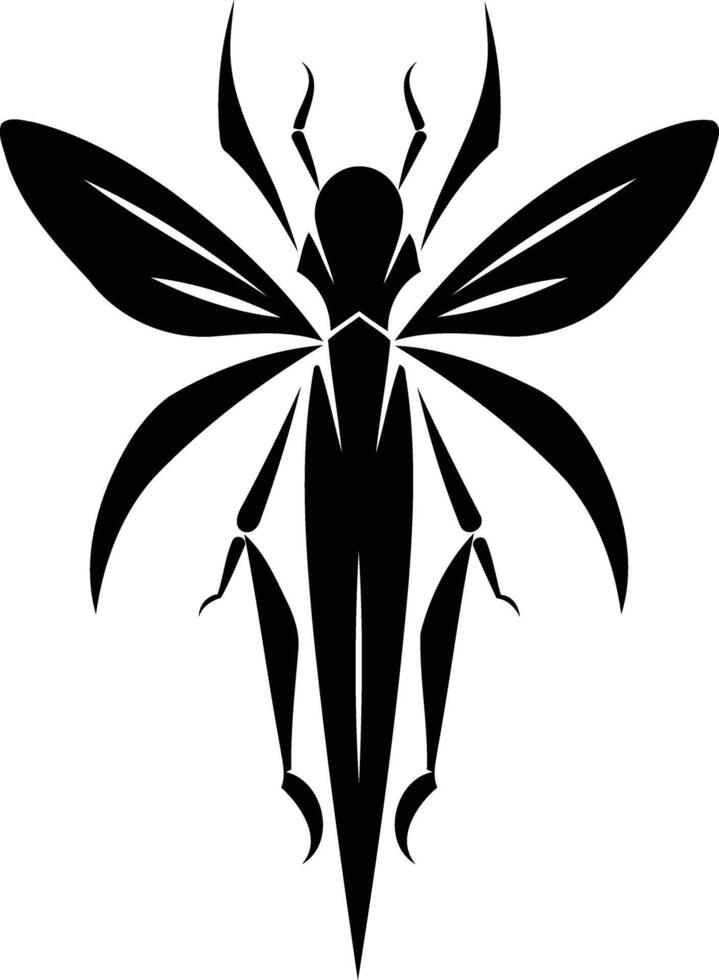 A striking black and white illustration of a stylized insect with outstretched wings vector