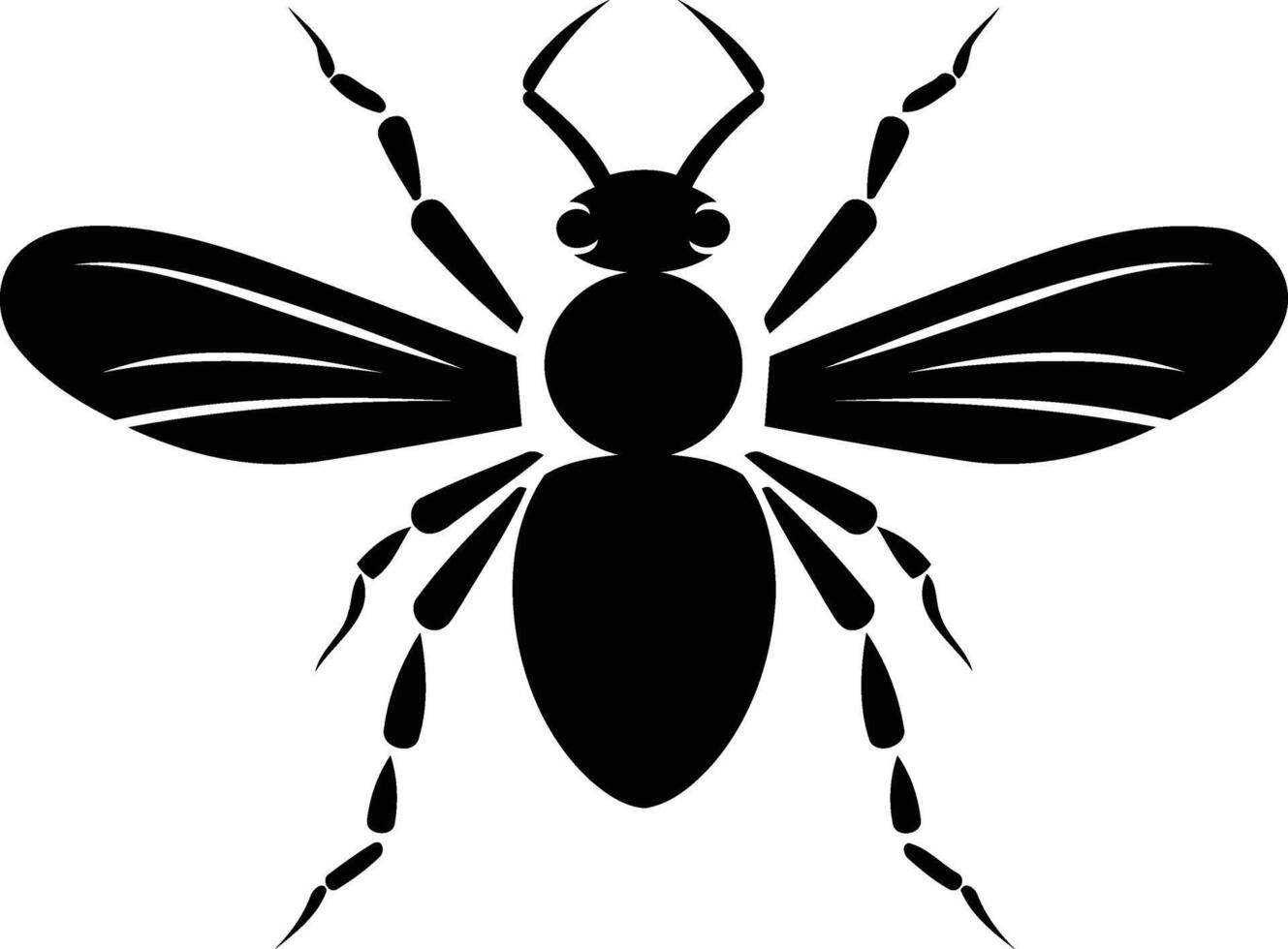 A bold, black silhouette of a fly with detailed wings and legs vector