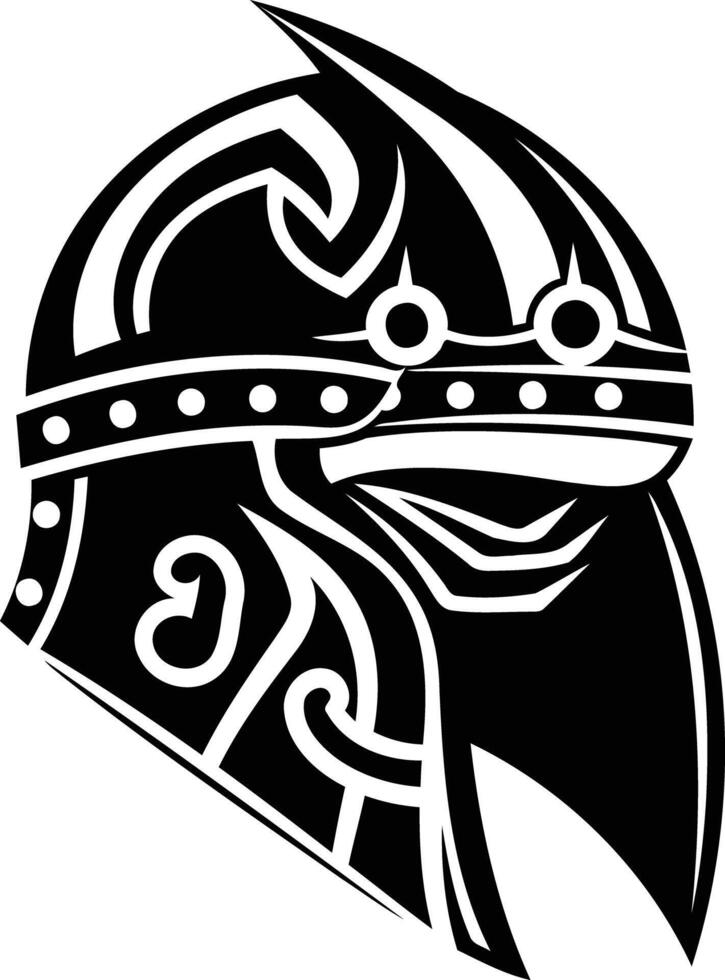 A bold and intricate black and white illustration of a viking helmet with tribal patterns vector
