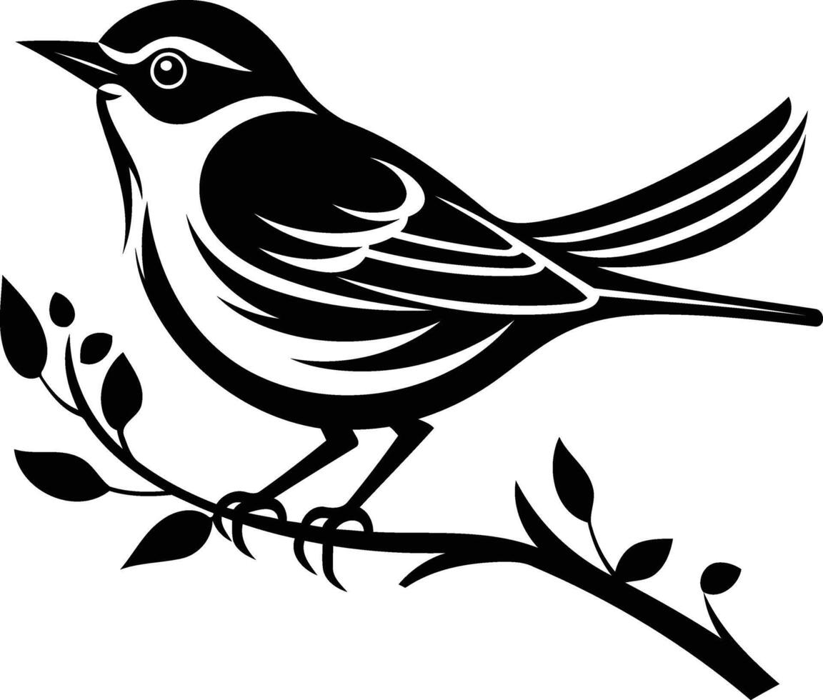 Black and white silhouette of a stylized bird perched on a branch, perfect for nature themed designs, tattoos, or branding vector