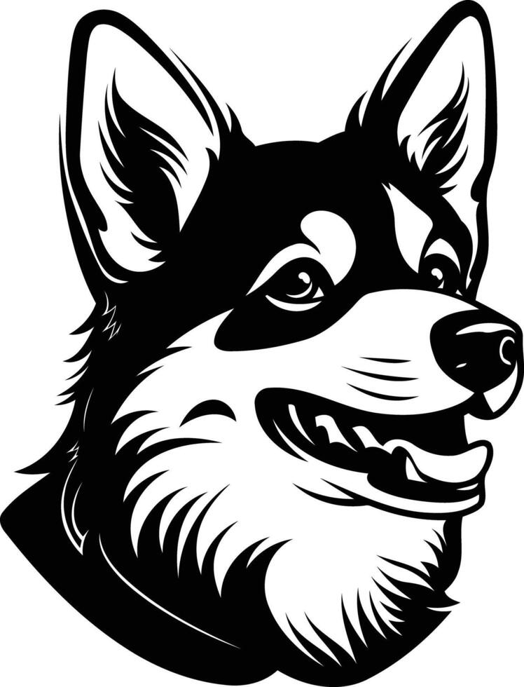 Black and white illustration of a smiling dog's head, perfect for logo design, t shirt prints, and branding vector