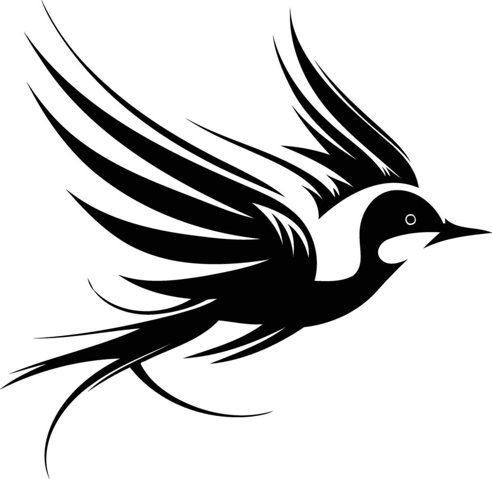 Stylized black and white element illustration of a bird in flight, perfect for tattoo designs, branding, and graphic design projects vector