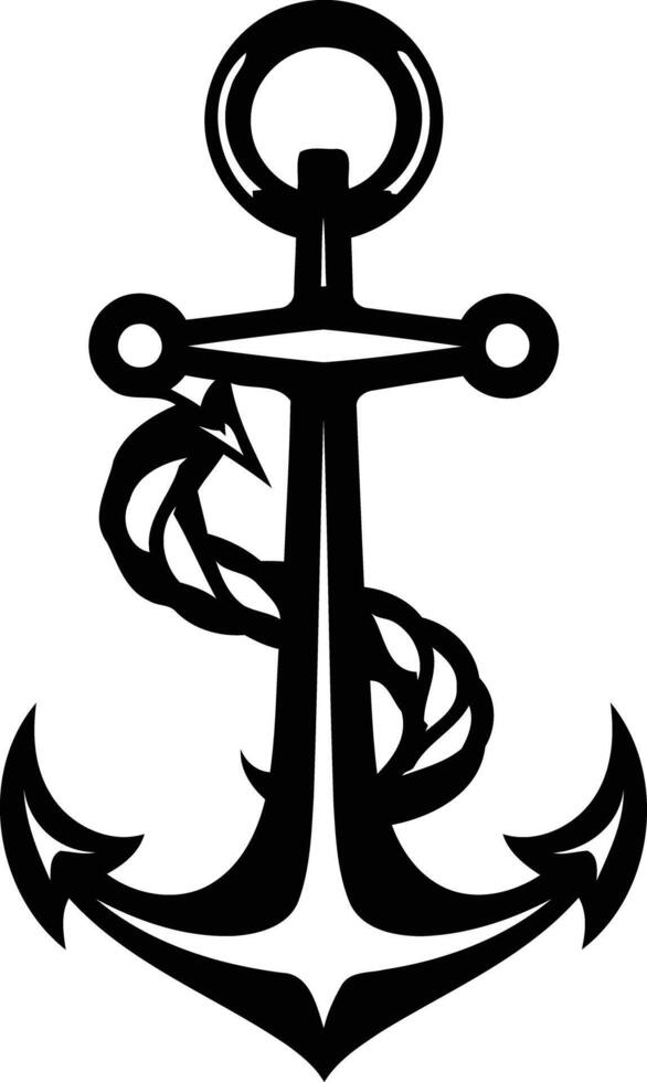 A bold, black and white illustration of an anchor, featuring a stylized rope design vector