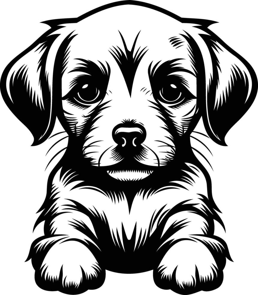 A charming black and white illustration of a cute puppy with big eyes and a sweet expression vector