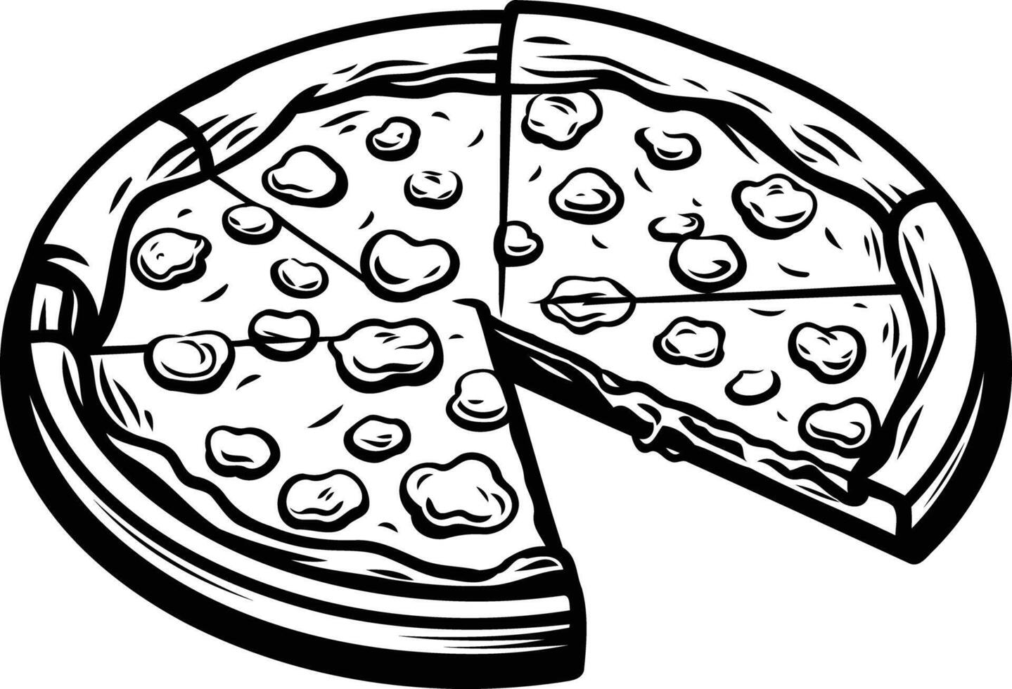 Black and white illustration of a pizza sliced into eight pieces, perfect for menus, food blogs, or any project needing a classic pizza design vector