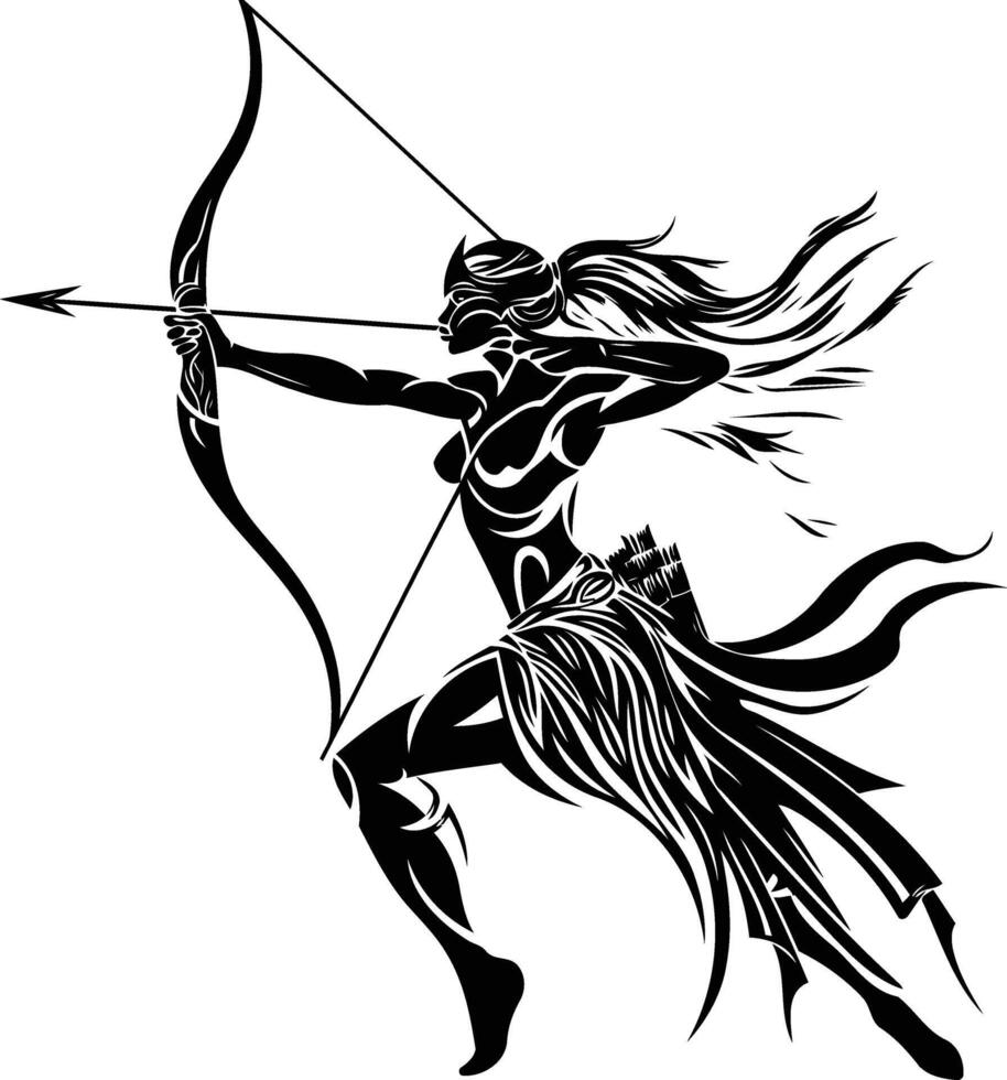 A powerful black and white illustration of a female archer, ready to shoot vector