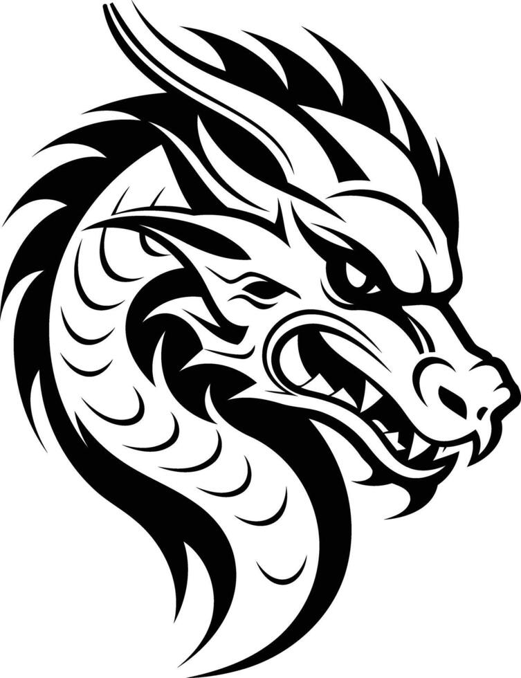 Fierce dragon head tattoo design in black and white vector
