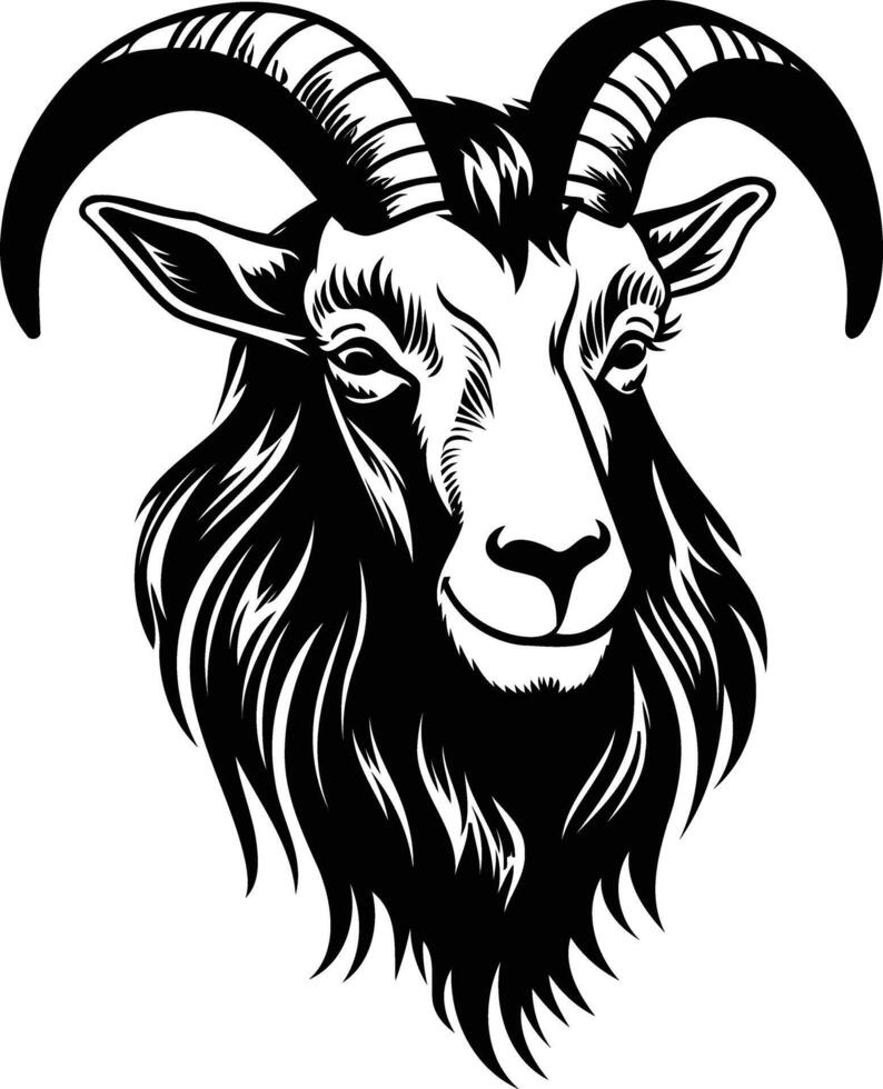 A striking black and white illustration of a goat's head, featuring detailed horns and a focused expression vector