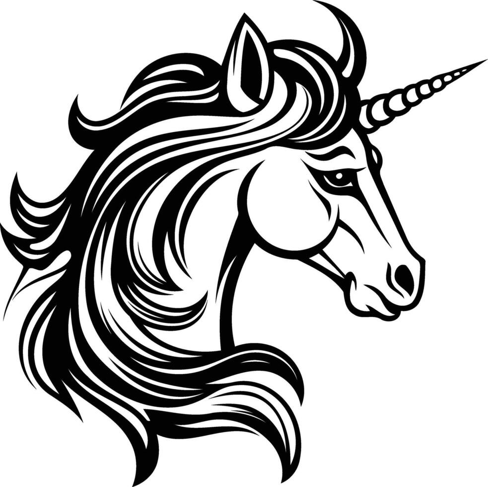 A black and white illustration of a unicorn's head, featuring a flowing mane and a detailed horn vector