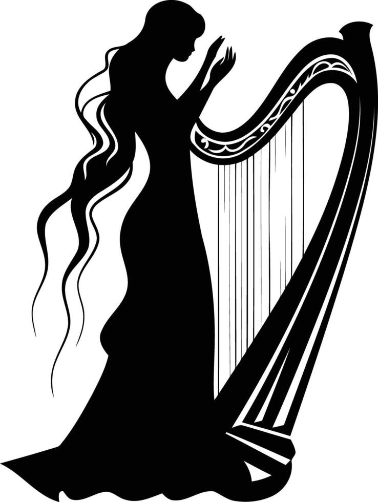 Elegant silhouette of a woman playing a harp vector