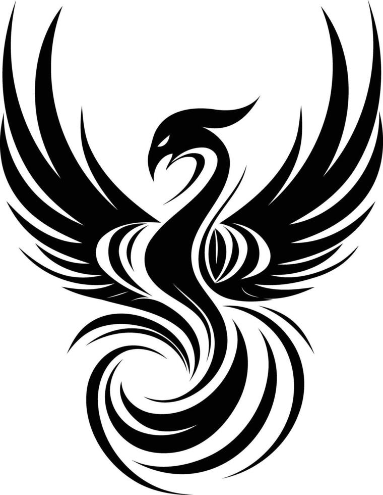 Black and white stylized phoenix bird design, perfect for tattoos, logos, or illustrations vector