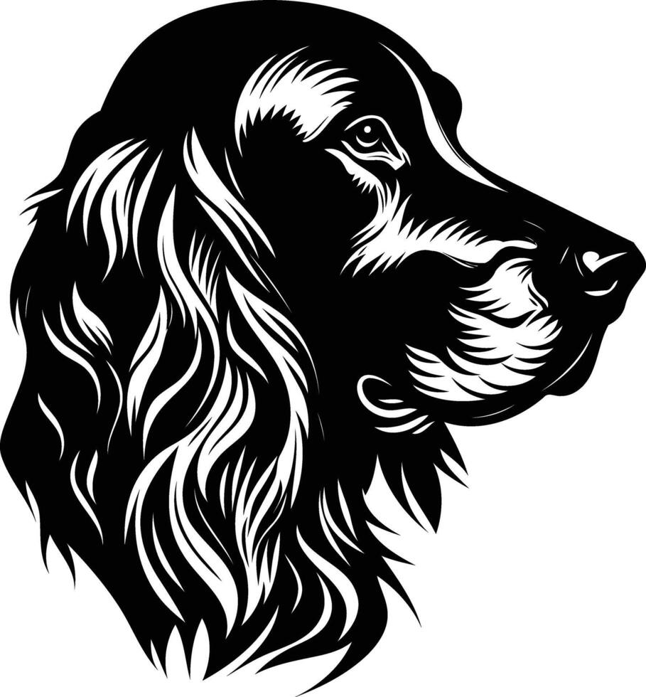 A striking black and white illustration of a dog's head in profile, showcasing a detailed and expressive depiction of fur and features vector