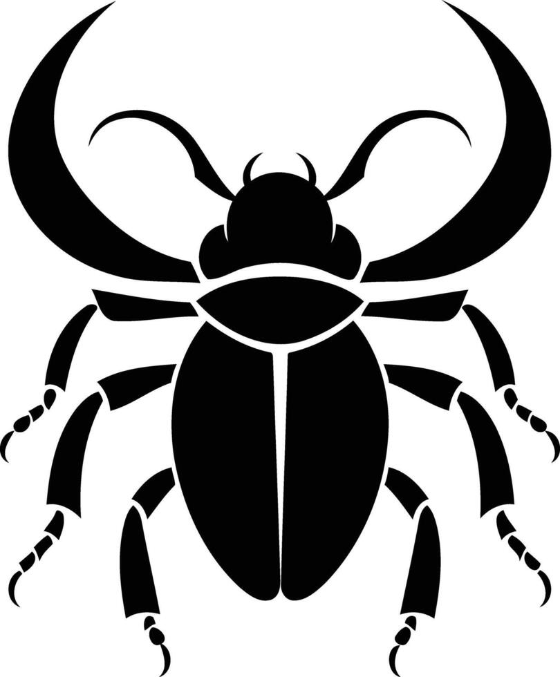 A simple, bold black and white silhouette of a beetle with long, curved horns vector