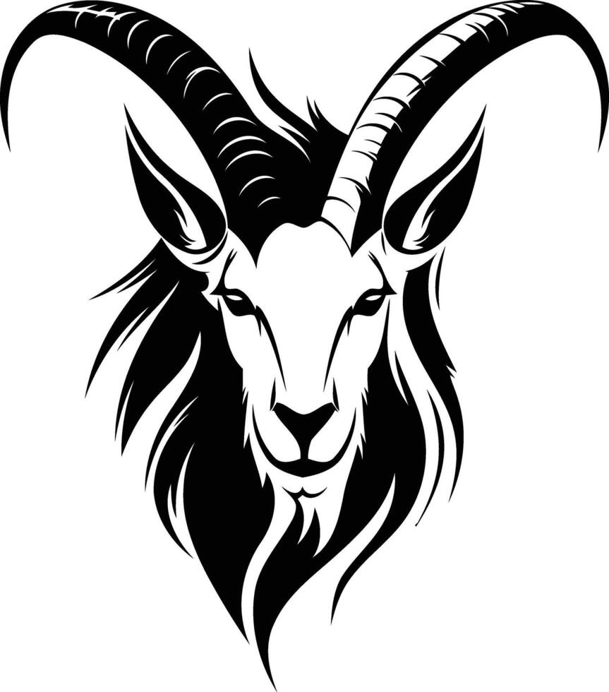 A bold and striking black and white silhouette of a mountain goat's head with long horns, perfect for tattoo designs, logos, and branding vector