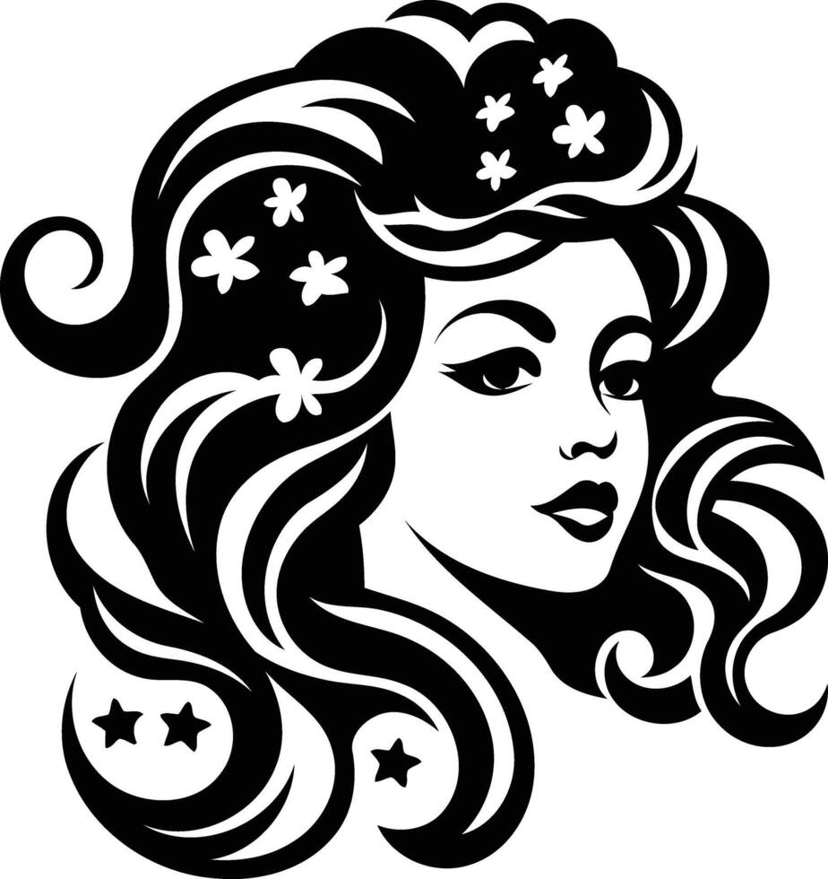 Elegant black and white illustration of a woman with flowing hair adorned with flowers vector