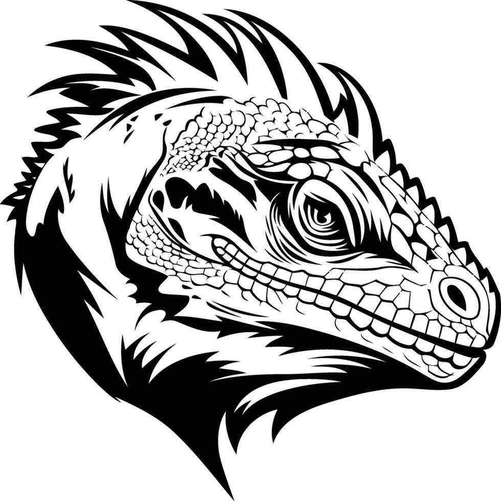 A fierce and detailed black and white illustration of a lizard's head, perfect for tattoo designs, branding, or edgy graphic projects vector