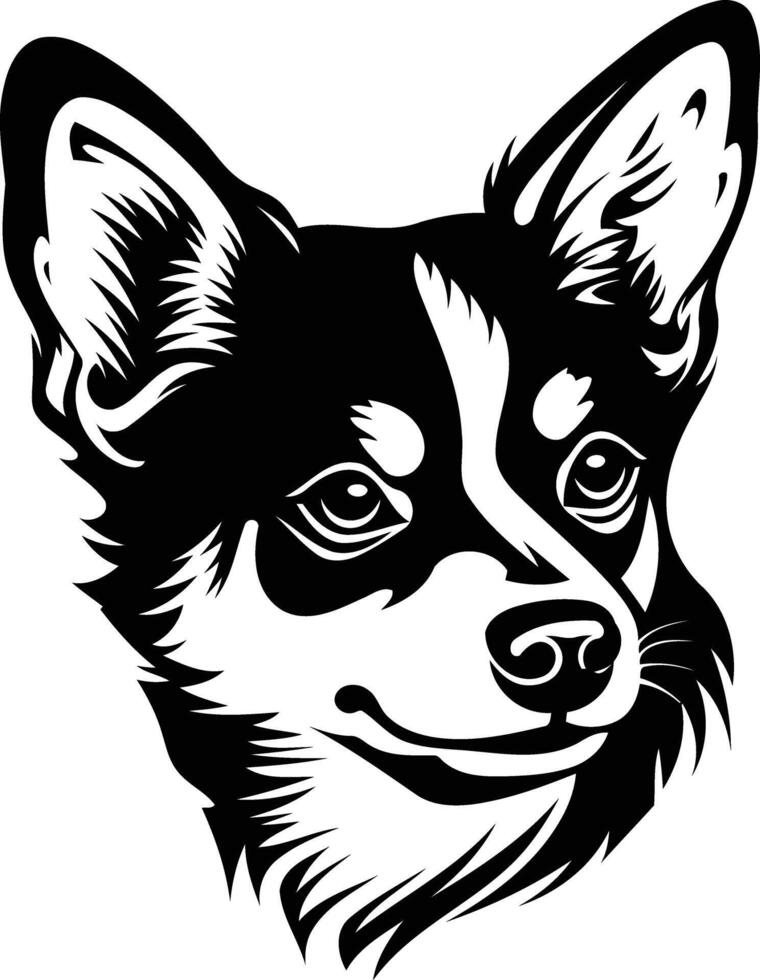 A striking black and white illustration of a dog's head, showcasing a bold and graphic style vector