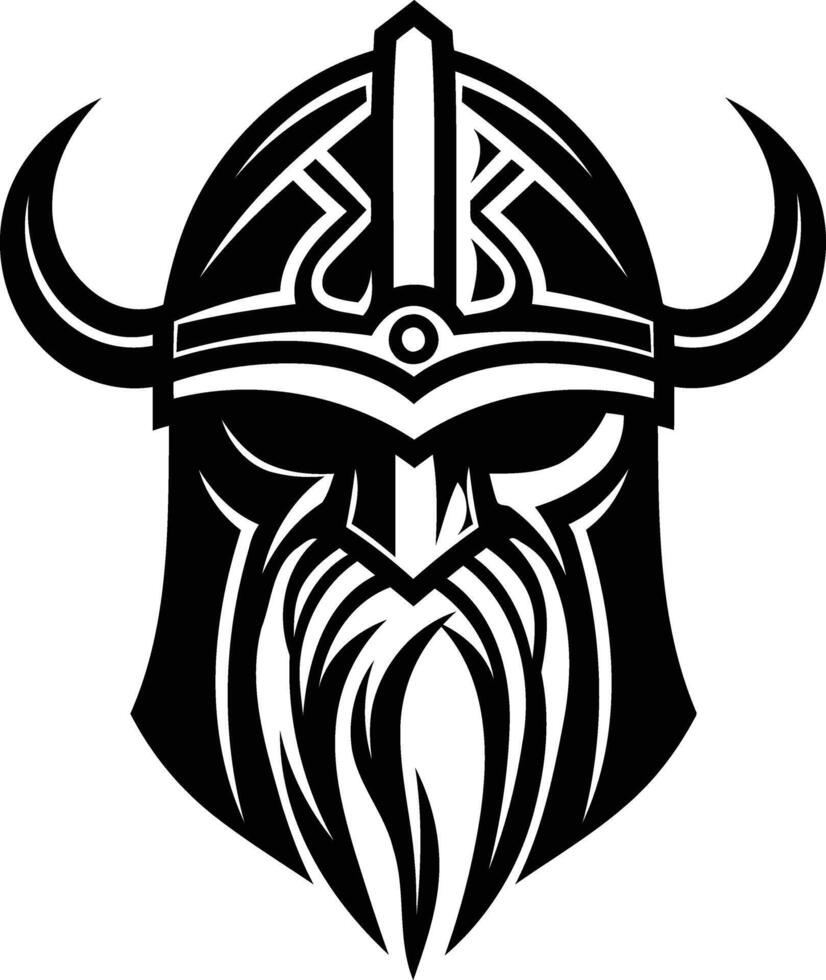 A bold, black and white illustration of a viking warrior's head, featuring a horned helmet and a flowing beard vector