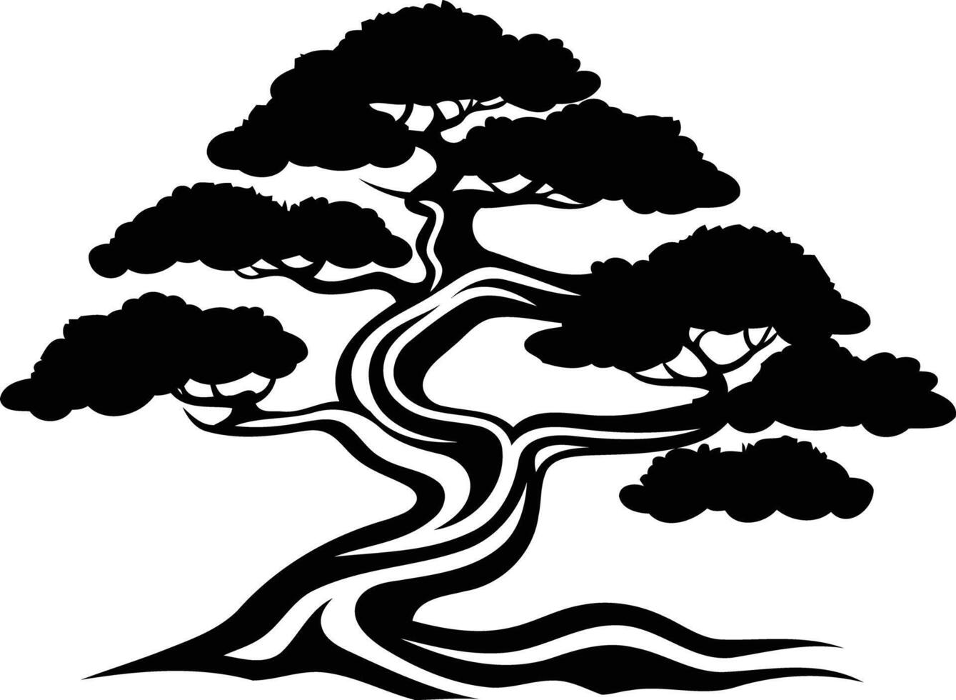 Elegant black and white silhouette of a bonsai tree with intricate branches and a thick, twisted trunk vector