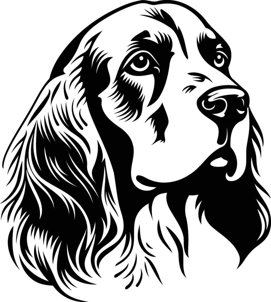A striking black and white illustration of a dog's head, capturing its elegant profile in a graphic style vector