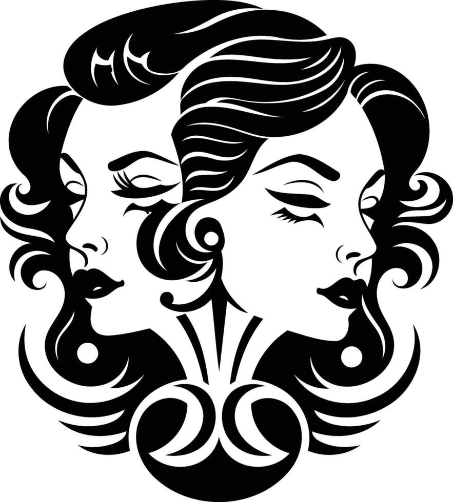 A striking black and white tattoo design featuring two women's faces intertwined with intricate floral patterns vector