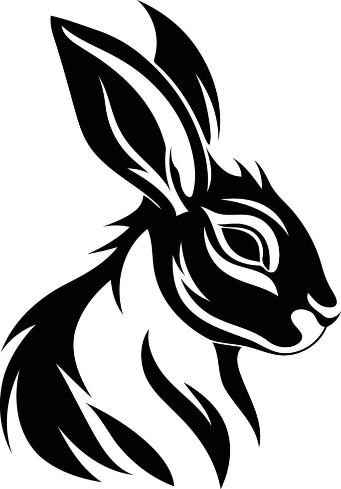 A bold, tribal-style black and white rabbit head illustration vector