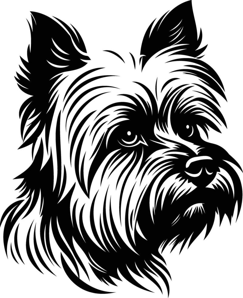 A striking black and white illustration of a yorkshire terrier's head, capturing its distinctive fur and soulful expression vector