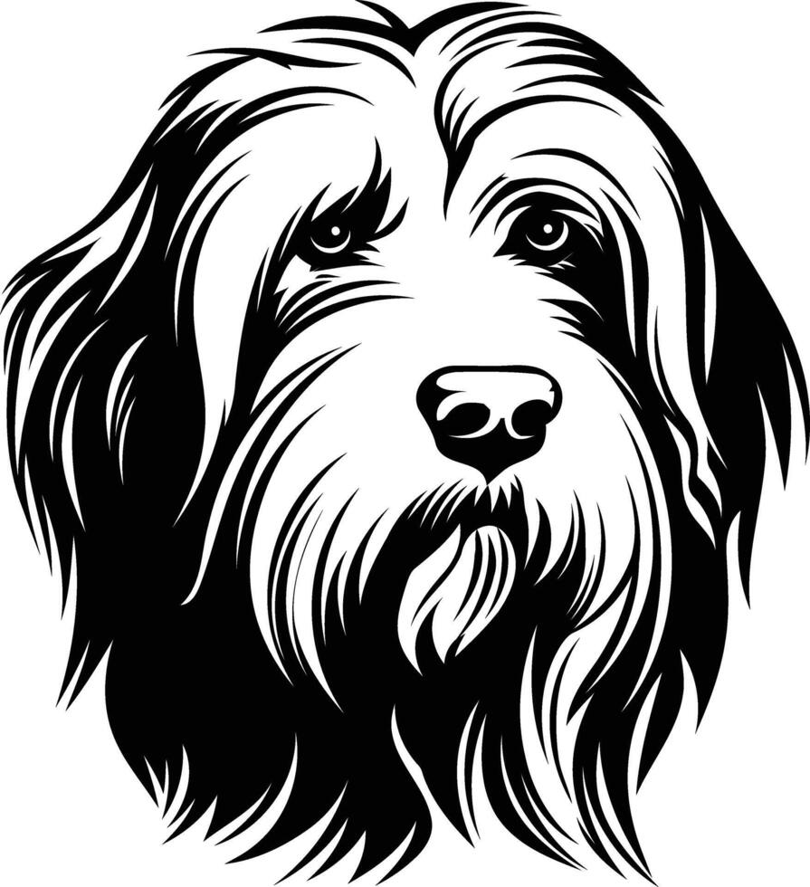 A bold and detailed black and white illustration of a bearded collie's head vector