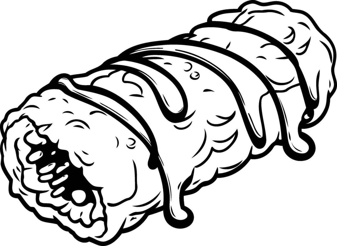 A black and white line drawing of a monster themed burrito vector