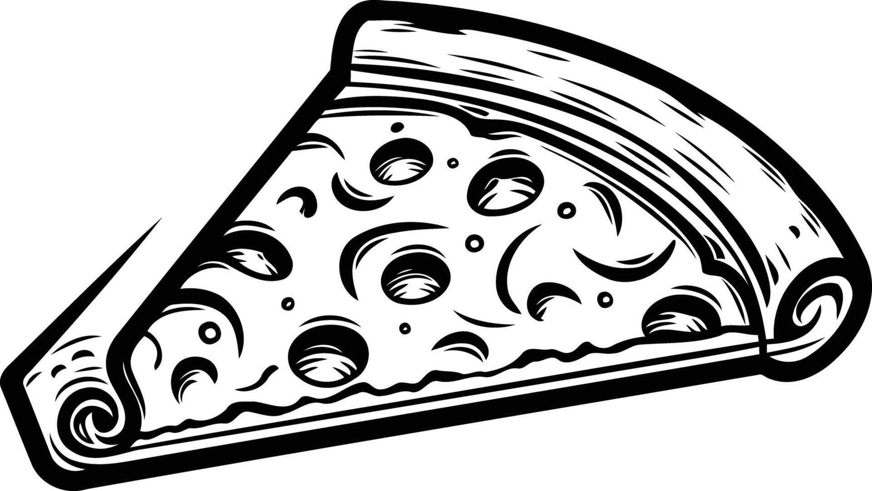 Black and white illustration of a single slice of pizza, perfect for use in menus, food blogs, or social media vector