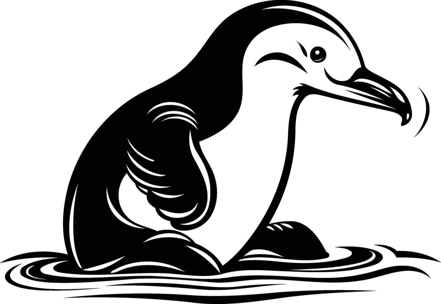 A striking black and white illustration of a penguin swimming in the water vector