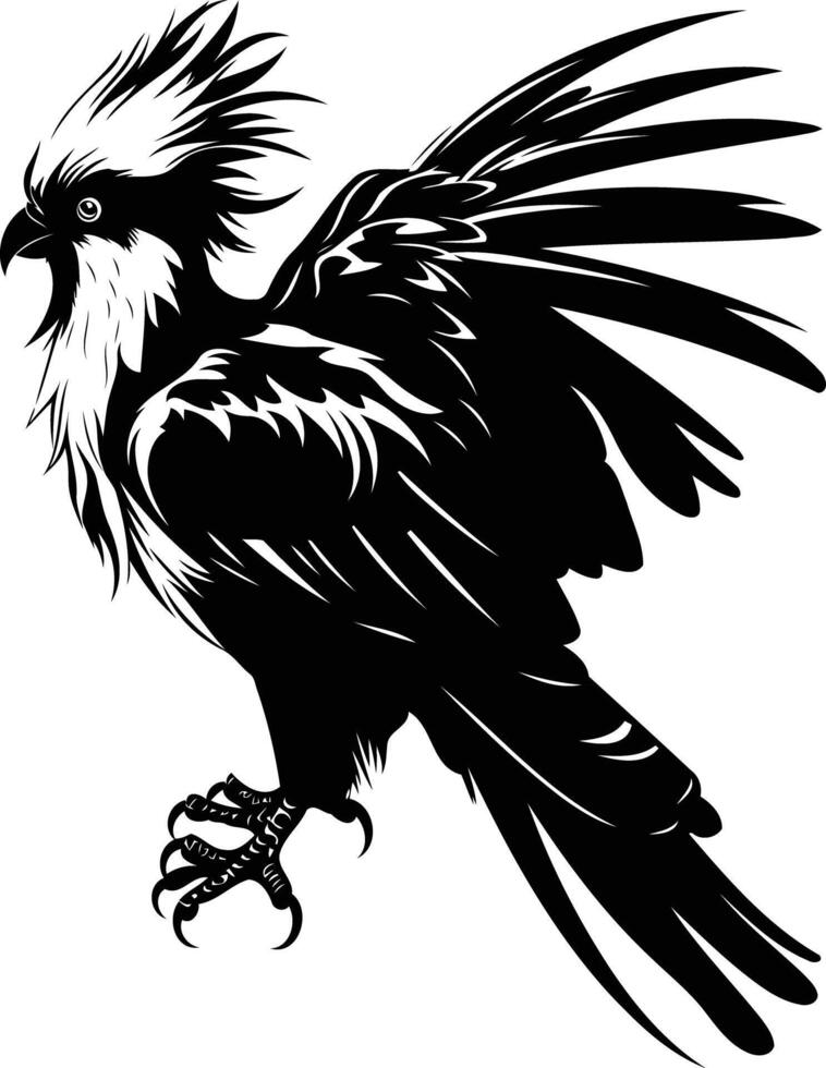 Dramatic black and white silhouette of a majestic bird with outstretched wings, perfect for nature themed designs, logos, and illustrations vector