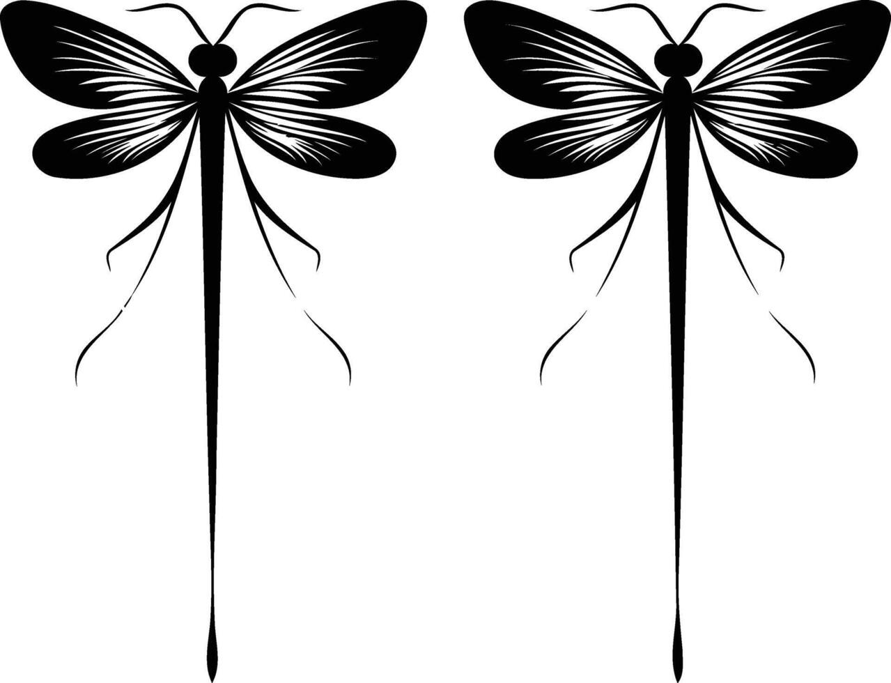 Two elegant, symmetrical dragonfly silhouettes in black, perfect for tattoo design, branding, or nature inspired projects vector