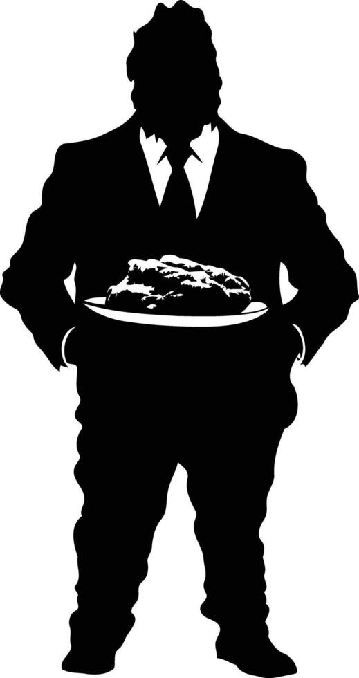 Silhouette of a man in a suit holding a plate of food vector