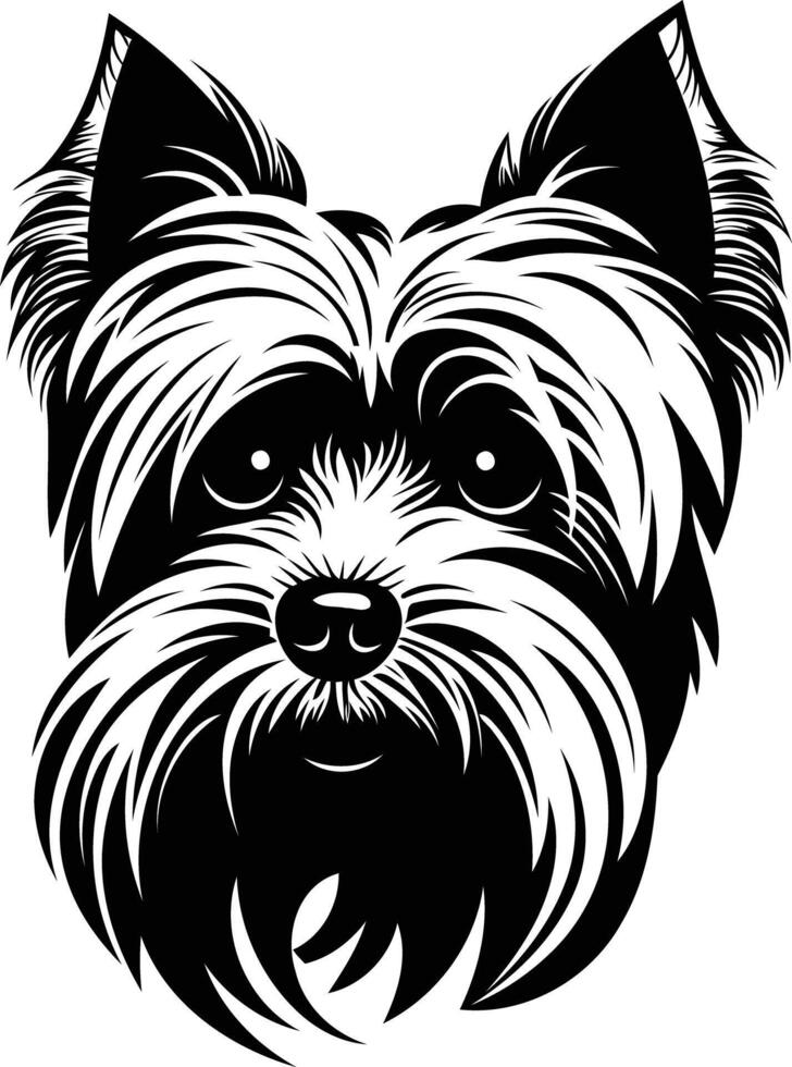 A bold and stylish black and white illustration of a yorkshire terrier's face, perfect for pet lovers, dog breed enthusiasts, and branding projects vector