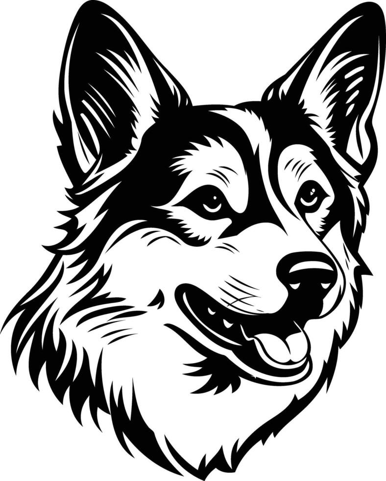 Black and white illustration of a friendly, smiling corgi vector