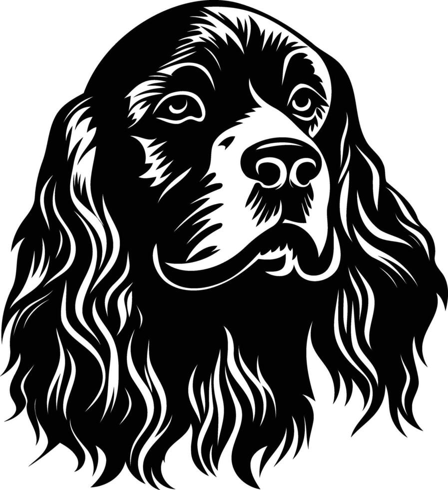 Black and white illustration of a spaniel dog's head, perfect for pet lovers, dog breeders, or any project needing a stylish and elegant design vector