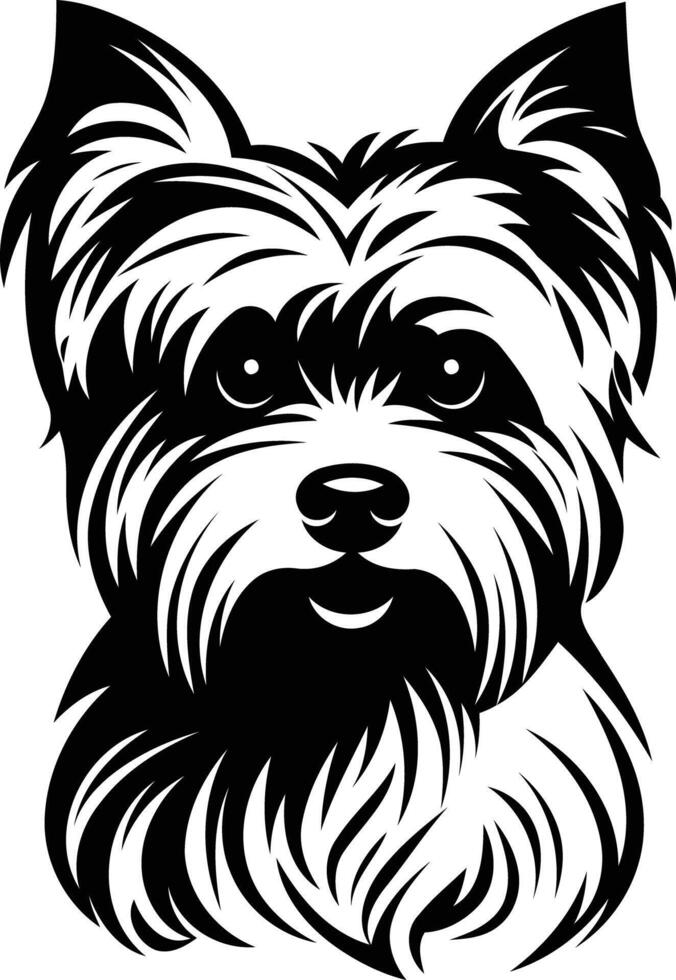A black and white illustration of a yorkshire terrier's head, featuring a detailed, stylized design vector