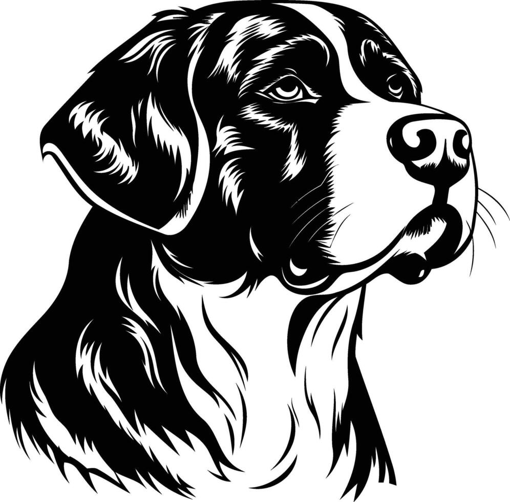 A striking black and white illustration of a bernese mountain dog's head in profile, capturing the breed's distinctive features vector