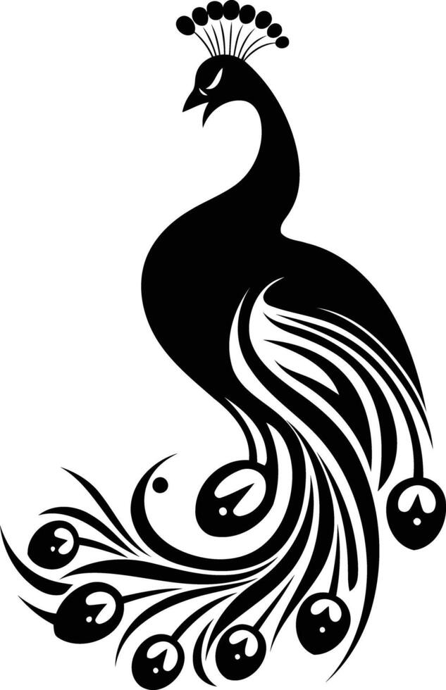 Elegant black and white peacock silhouette with intricate tail feathers, perfect for tattoo designs, branding, or decorative elements vector