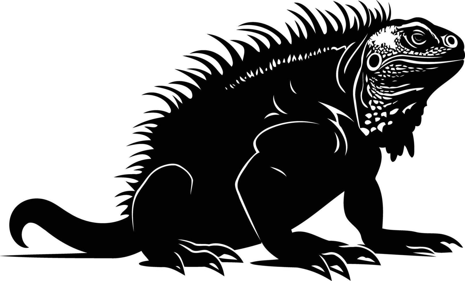 A striking black and white silhouette of an iguana, perfect for logo design, t shirt prints, or any project requiring a strong, impactful image vector