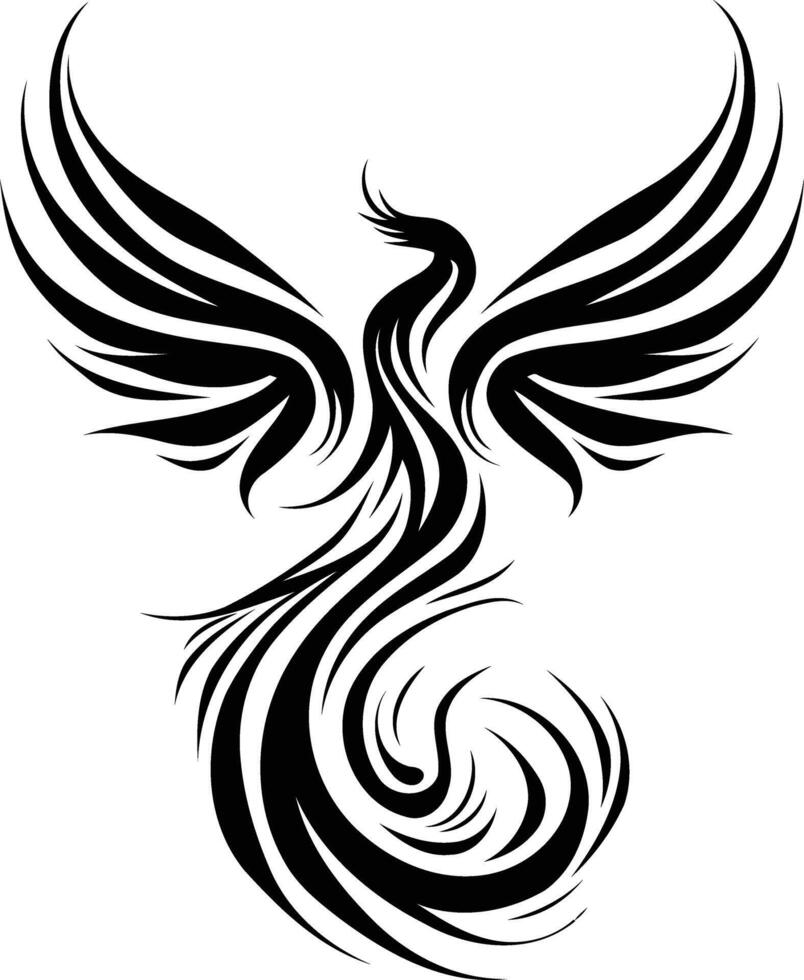 Stylized black and white tattoo design of a majestic phoenix, perfect for body art inspiration, design elements, or motivational imagery vector