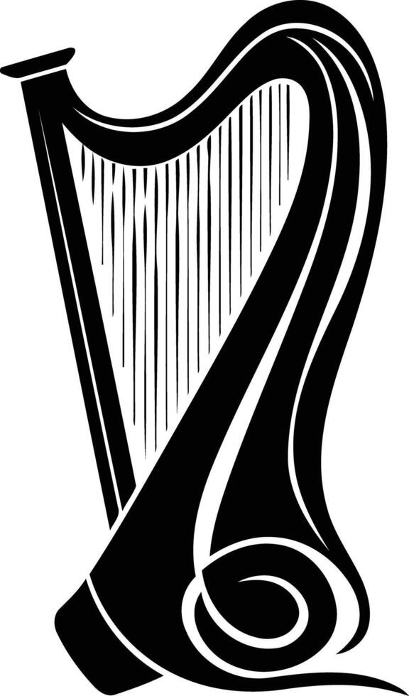 A stylized black and white silhouette of a harp vector