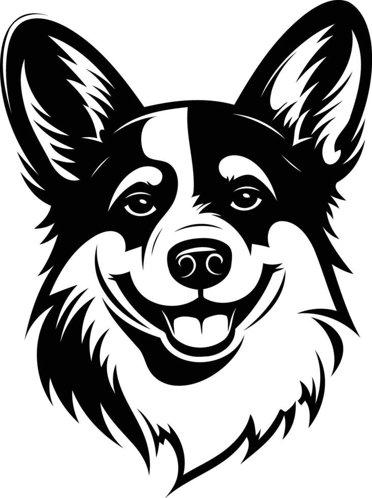 A bold, black and white illustration of a friendly corgi's head, perfect for branding, logos, and pet related designs vector
