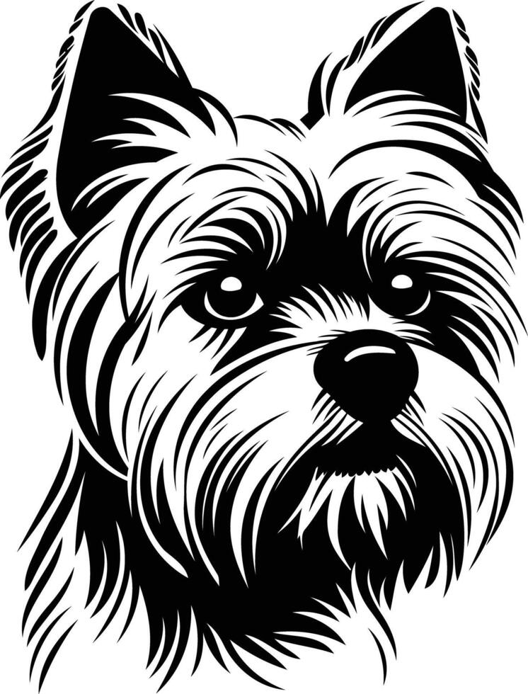A bold and expressive black and white illustration of a yorkshire terrier's head, perfect for pet related designs, branding, or even tattoo art vector