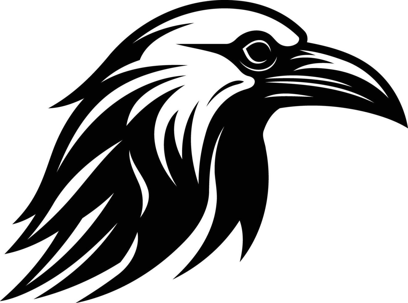 A striking black and white illustration of a raven's head, perfect for logo design, tattoos, or any project needing a bold, powerful symbol vector