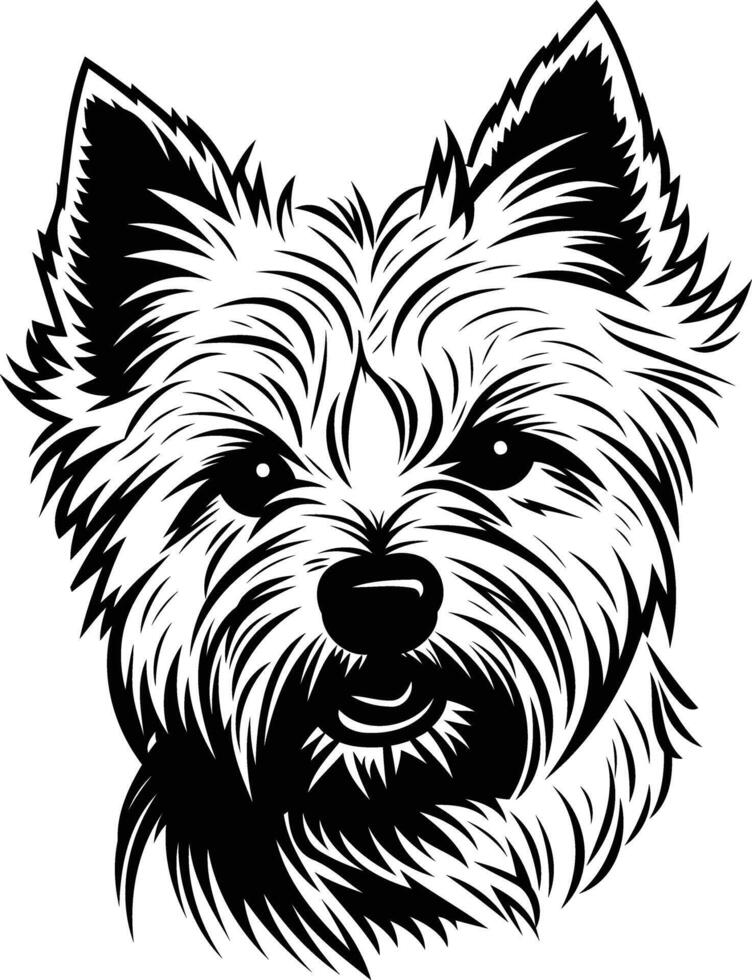 A striking black and white illustration of a westie's head, capturing their playful personality vector