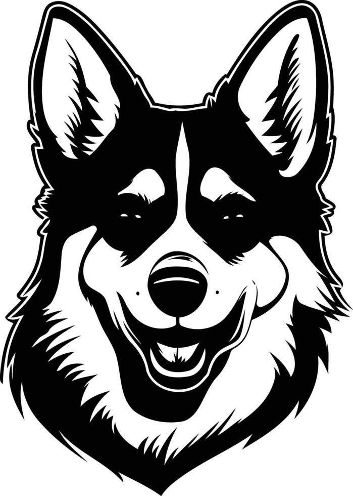 A black and white illustration of a friendly husky dog's face, perfect for pet related projects, social media posts, or branding vector