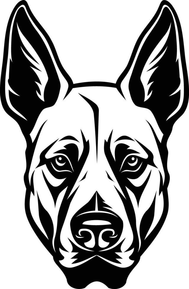 A bold, black and white illustration of a german shepherd's head, showcasing its sharp features and strong gaze vector